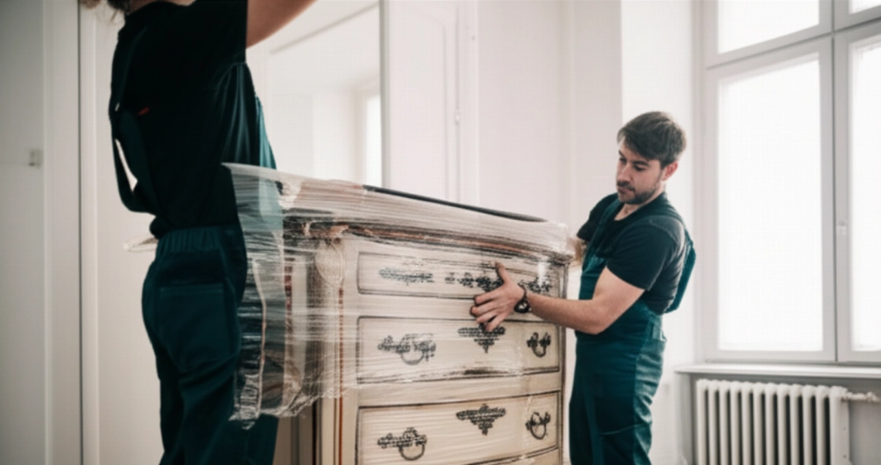Traslocatori che imballano con cura un mobile delicato all'interno di un appartamento a Vicenza.