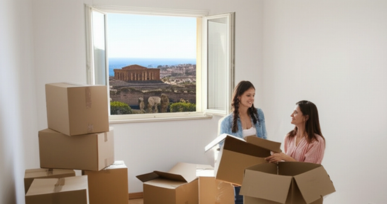 Junges kaukasisches Paar packt Kartons in einer hellen Wohnung in Agrigent aus, mit Panoramablick auf die Stadt.