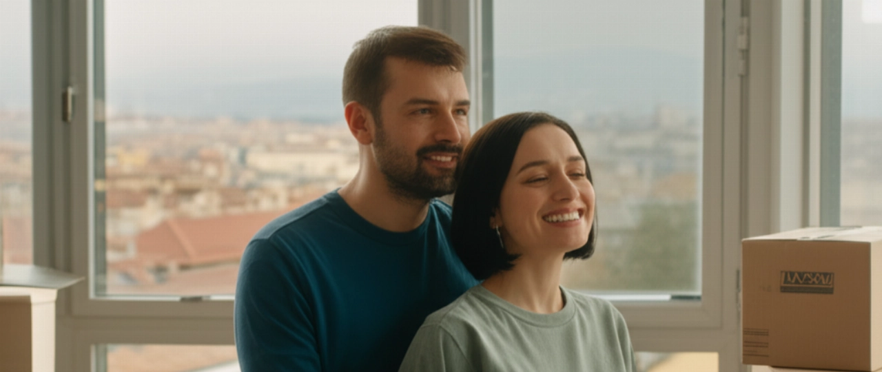 Happy and relaxed Caucasian couple in their new apartment in Alexandria, with moving boxes in the background.