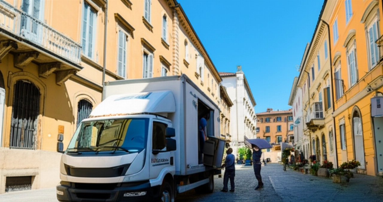 Modern, logo-free moving truck parked on a cobbled street in Alexandria, with Caucasian movers loading goods.
