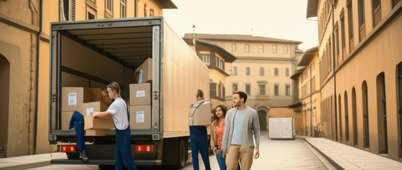 Camion di traslochi su una strada acciottolata ad Arezzo, con traslocatori e una coppia sorridente.