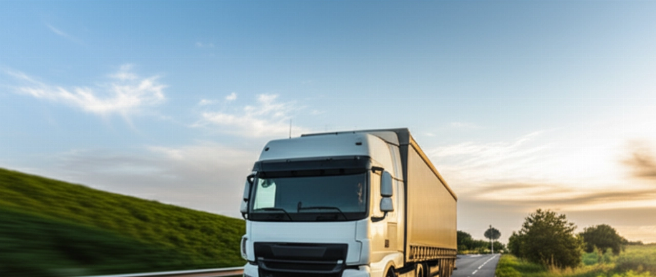 Un moderno camion per traslochi viaggia su una strada panoramica attraverso un paesaggio verde, illuminato dalla luce del tramonto.