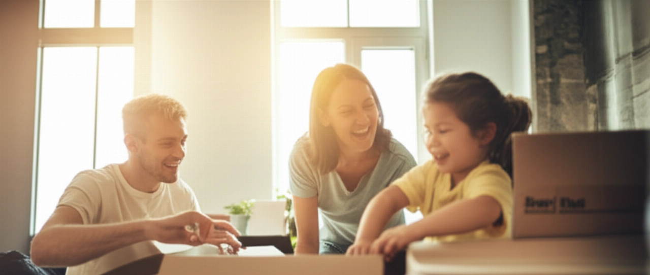 Una famiglia caucasica felice disfa le scatole nel loro nuovo e luminoso salotto, con la luce del sole che entra dalle finestre.
