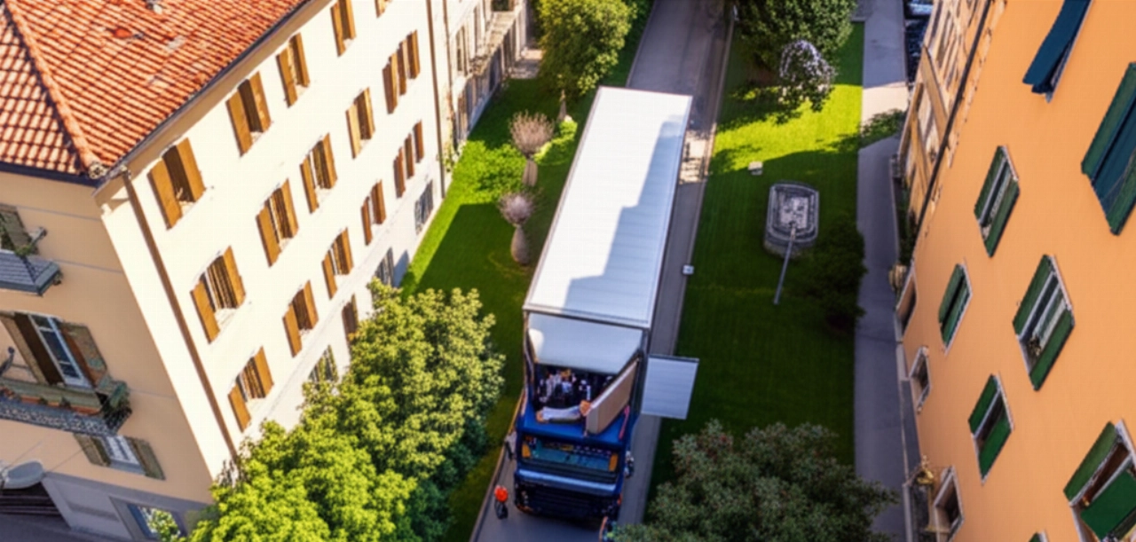 Hyperrealistische Luftaufnahme eines Umzugswagens, der in einer Wohnstraße in Bergamo geparkt ist.