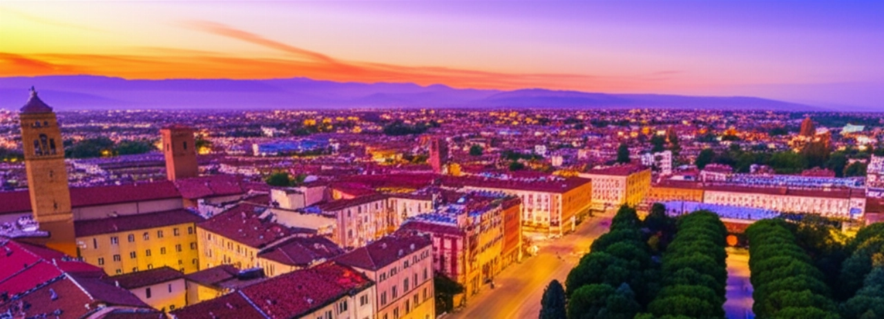 Hyperrealistic aerial view of Brescia at sunset, with a moving truck visible on the street.