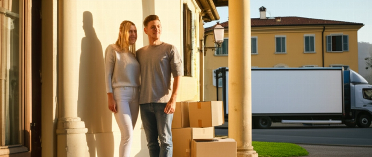 Happy young Caucasian couple smiling on the porch of a villa in Como with moving boxes, symbolizing a new beginning.