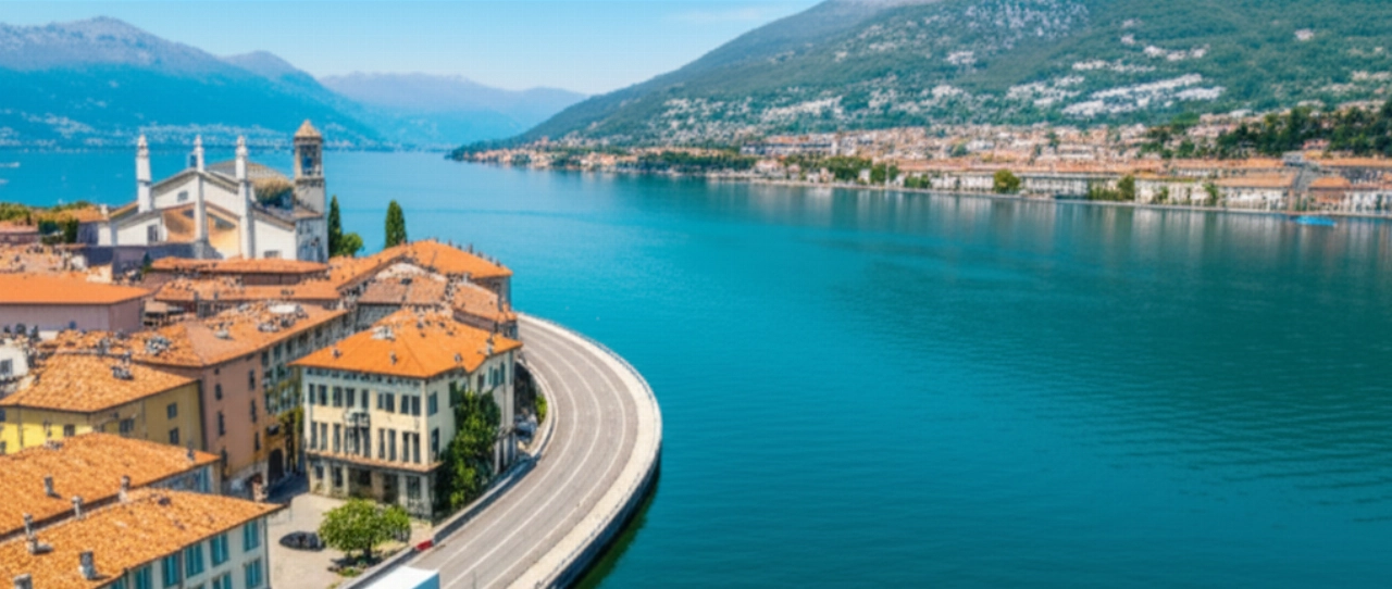 Hyperrealistic aerial view of a moving truck on a scenic road along Lake Como, with Como city and the Alps in the background.
