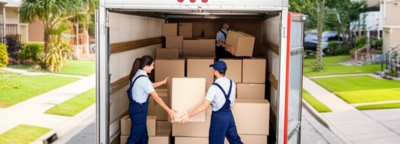 Professional Caucasian movers loading boxes into a modern truck on a sunny day, with an aerial view of the neighborhood. Emphasizes efficiency and care.