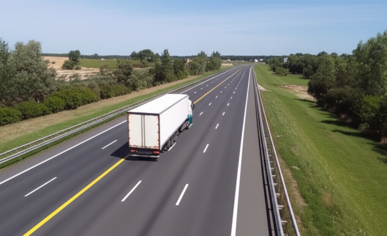 Hyperrealistic aerial view of a moving truck on a highway, traversing urban and suburban landscapes. Symbolizes a new beginning and a seamless move.