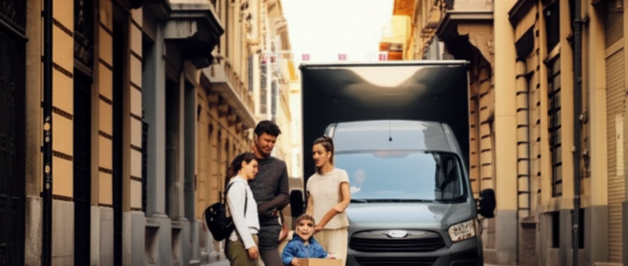 Famiglia caucasica rilassata su una strada storica di Milano con un furgone per traslochi, che simboleggia un trasloco senza stress e conveniente.