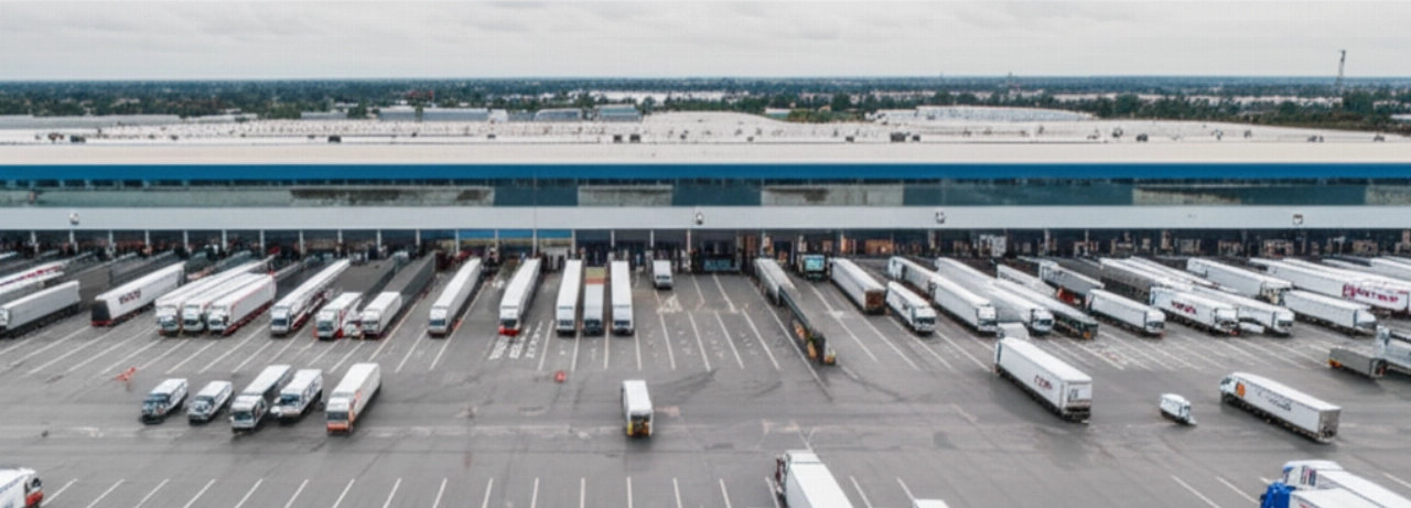Vista aerea iperrealistica di un hub logistico all'avanguardia con numerosi camion per traslochi, che mostra l'efficienza delle operazioni transfrontaliere tra Francia e Italia.