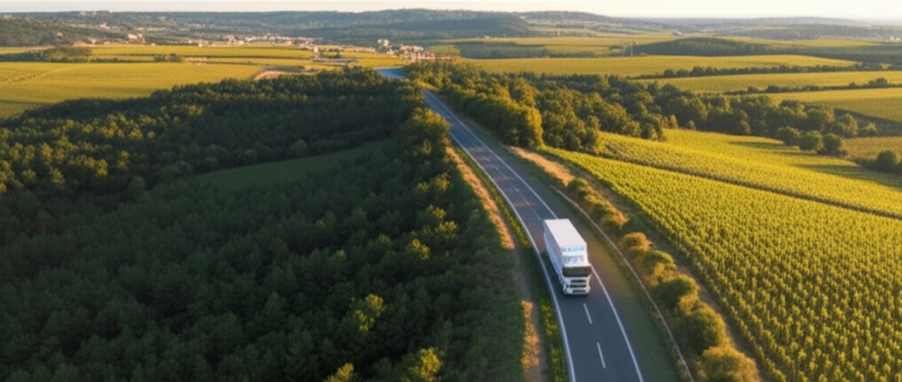 Vista aerea mozzafiato di un camion da trasloco che attraversa un paesaggio europeo, illustrando la portata e l'efficienza dei traslochi internazionali tra Germania e Italia.