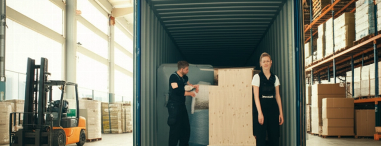Professionelle kaukasische Umzugsunternehmen verpacken sorgfältig Güter in einem Container in einem modernen Lagerhaus, was Sorgfalt und Präzision symbolisiert.
