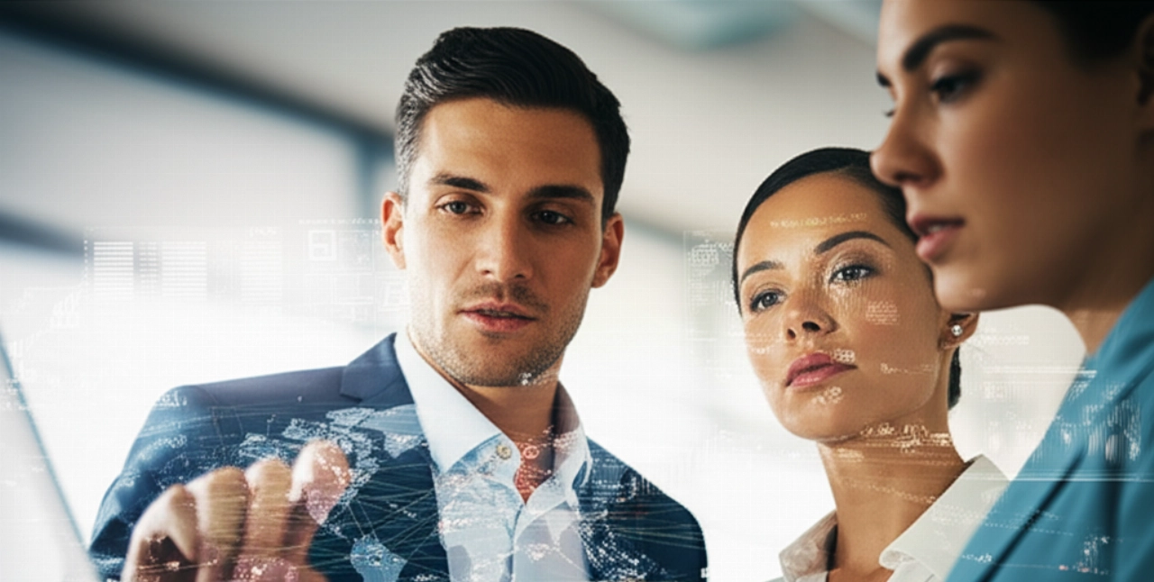 Profesionales caucásicos analizando costos y rutas de mudanzas internacionales en una pantalla digital.