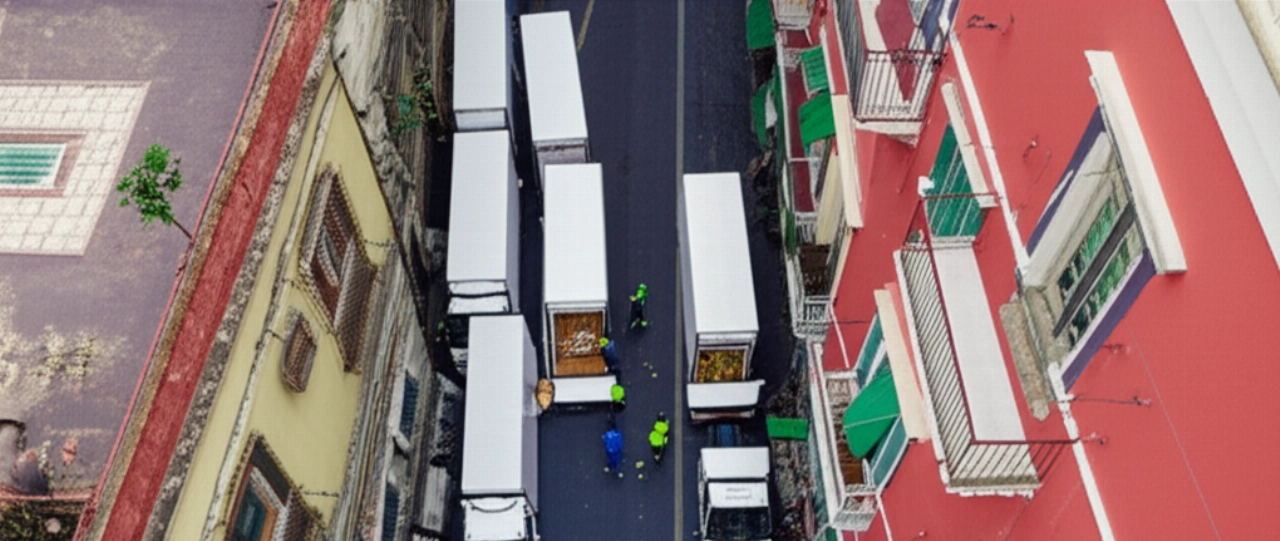 Luftaufnahme von Neapel mit Umzugswagen, die auf einer belebten Straße parken und die Logistik zeigen.