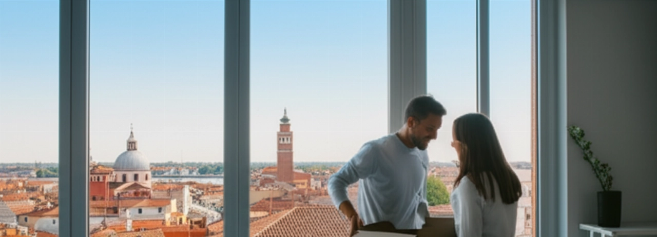 Happy Caucasian couple unpacking in a new apartment in Padua, with a panoramic aerial view of the city.