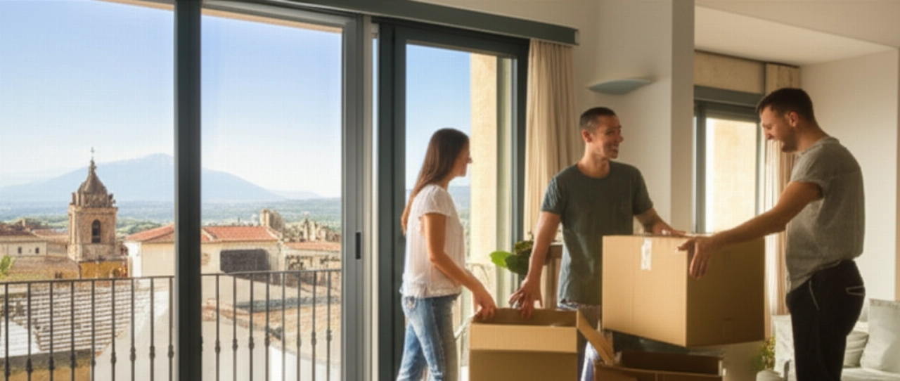 Happy Caucasian couple unpacking boxes in a modern apartment in Sicily, with a panoramic city or countryside view.
