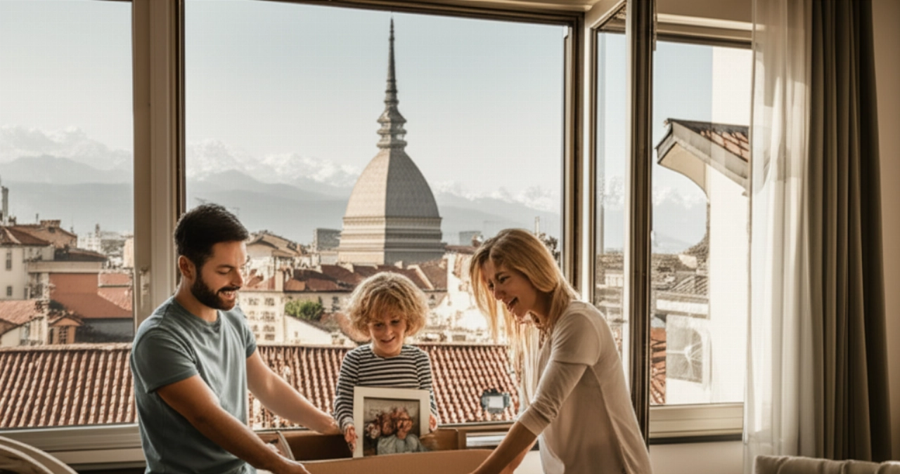 Glückliche kaukasische Familie packt im neuen Zuhause mit einem atemberaubenden Panoramablick auf Turin und die Alpen aus.
