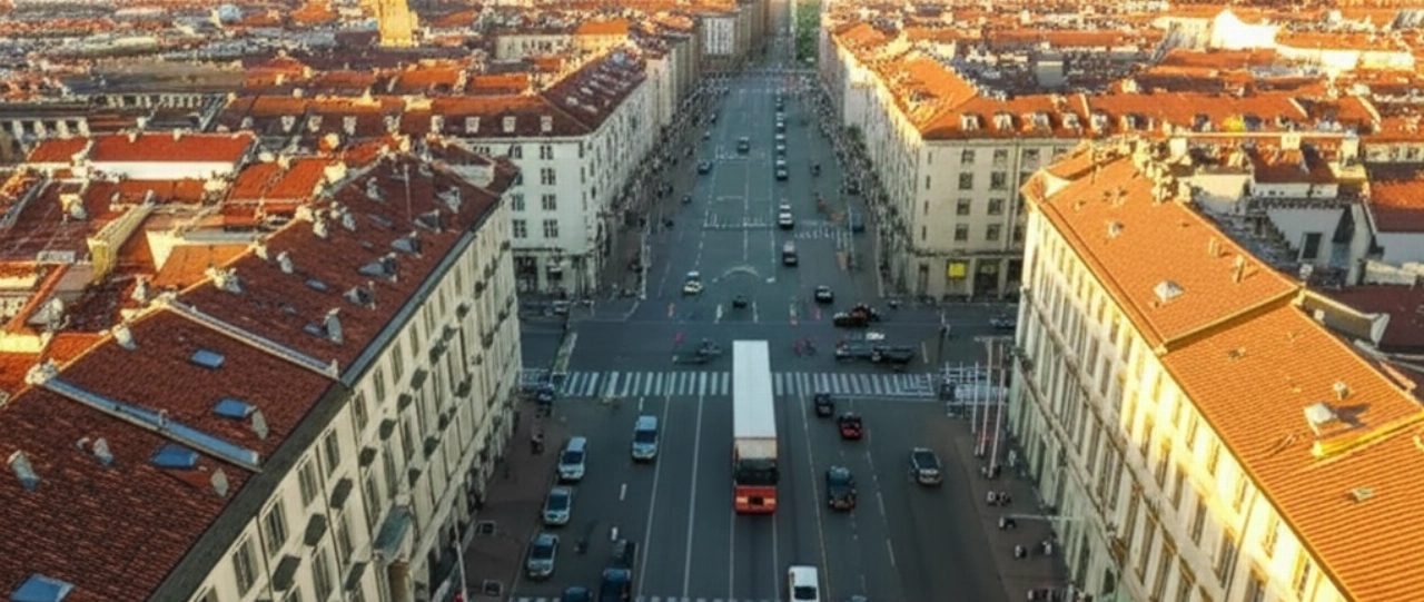 Hyperrealistische Luftaufnahme eines Umzugswagens, der durch Turins historische Innenstadt fährt, mit der Mole Antonelliana im Hintergrund.