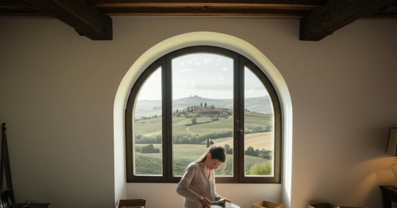 Caucasian woman unpacking in a Tuscan home, with a panoramic view of the surrounding hills.