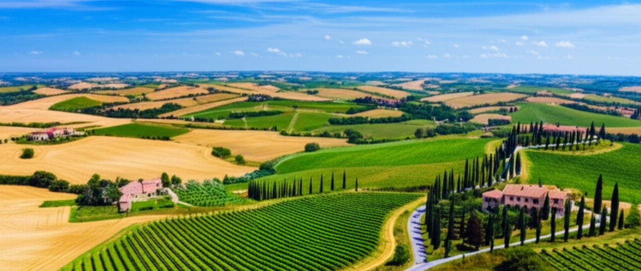 Hyperrealistic aerial view of a moving truck traversing the winding roads of the Tuscan countryside.
