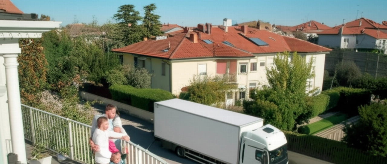 Vista aerea di un camion per traslochi a Udine, con una famiglia felice sulla soglia della loro nuova casa, che rappresenta un nuovo inizio.