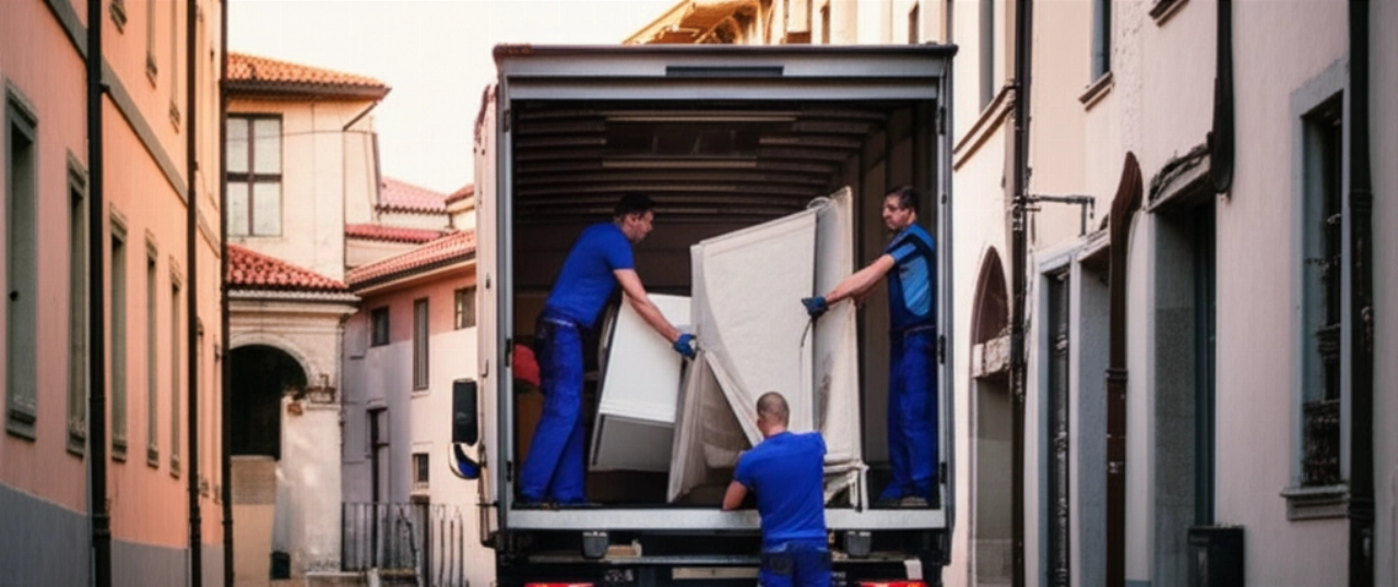 Camion per traslochi di grandi dimensioni parcheggiato in una strada storica di Udine, con traslocatori che caricano mobili, illustrando efficienza e capacità.