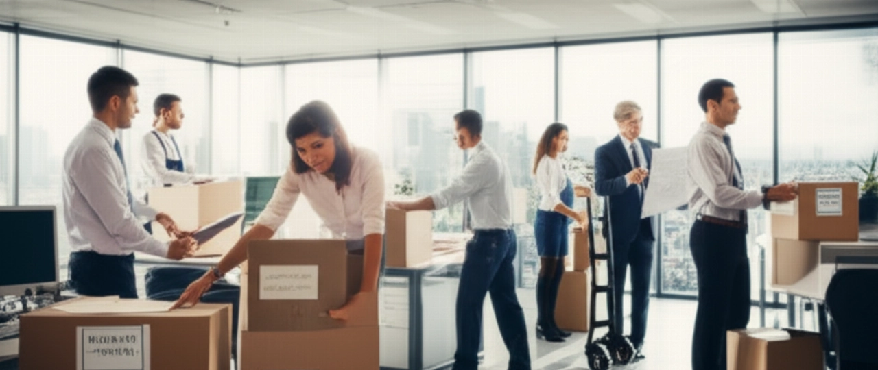 Immagine iperrealistica di impiegati e traslocatori caucasici che imballano efficientemente attrezzature e documenti d'ufficio in un ufficio moderno e illuminato dal sole, preparandosi per un trasloco.