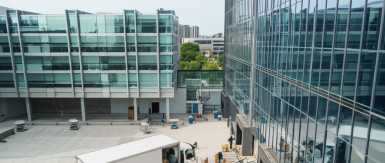 Vista aerea iperrealistica di un camion pulito per traslochi caricato da traslocatori professionisti caucasici presso la banchina di carico di un elegante e moderno edificio per uffici in vetro in una giornata limpida, che illustra un efficiente trasloco 