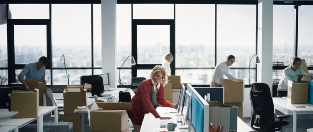 Immagine iperrealistica di impiegati caucasici che disimballano e sistemano in modo efficiente mobili e attrezzature in un nuovo ufficio spazioso, luminoso e moderno, con uno skyline cittadino visibile attraverso ampie finestre, a simboleggiare un nuovo i