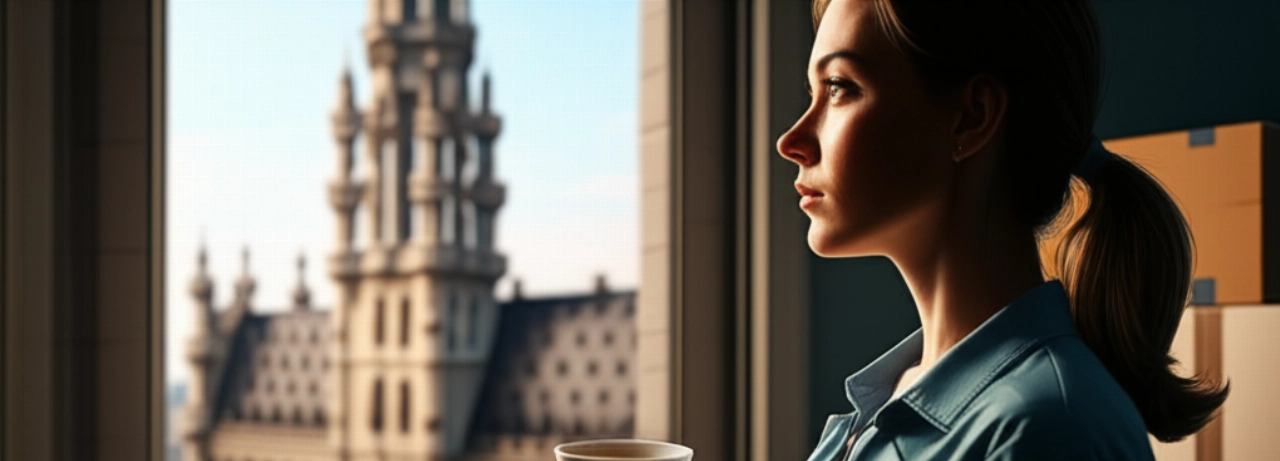 A Caucasian person in an apartment in Brussels thoughtfully looks out the window towards a city landmark, with moving boxes in the background.