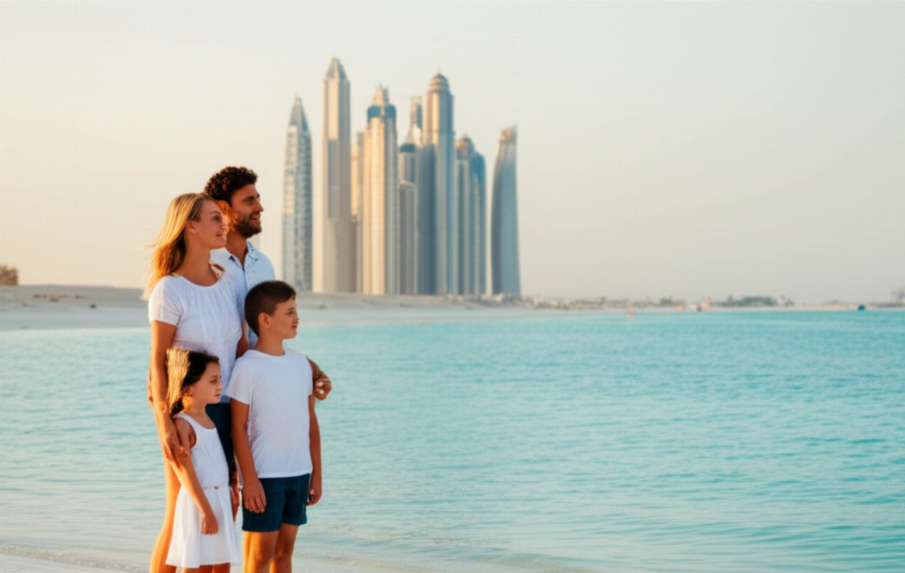 Una famiglia caucasica su una spiaggia di Dubai, con lo skyline della città e un accenno di deserto sullo sfondo.