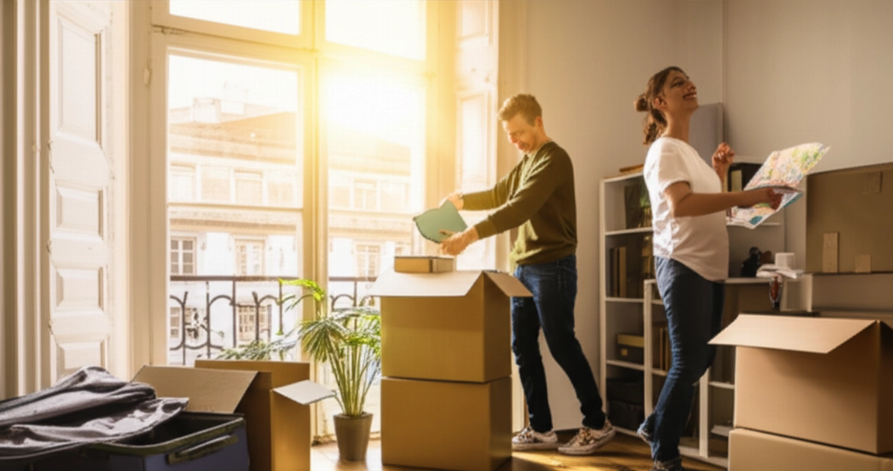 Ein kaukasisches Paar packt glücklich Kartons in einer hellen neuen Wohnung in Lissabon aus, wobei Sonnenlicht den Raum durchflutet.