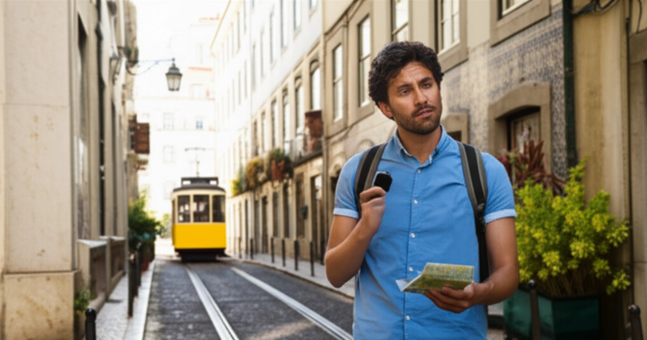 Ein kaukasischer Mann erkundet eine gepflasterte Straße in Lissabon unter der Sonne, mit farbenfrohen Gebäuden und einer gelben Straßenbahn im Hintergrund.