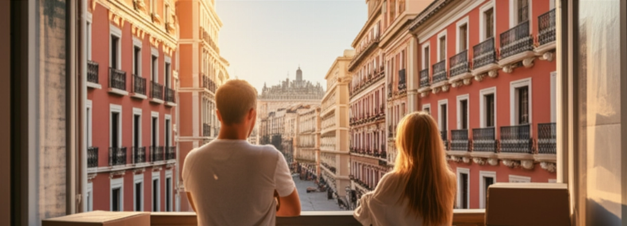 A Caucasian couple observes the Madrid skyline from a balcony, with moving boxes in the foreground.