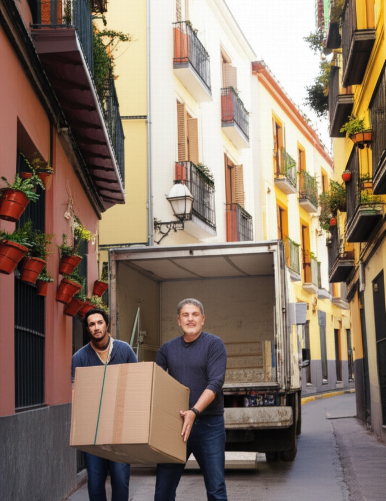 Two Caucasian men carry a moving box along a characteristic street in Madrid.