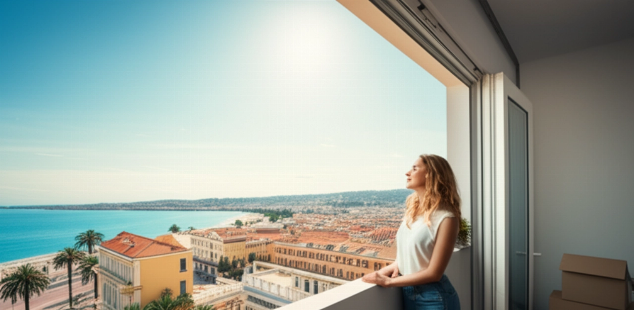 Una persona caucasica ammira la vista mozzafiato di Nizza e del Mediterraneo da un balcone, con scatoloni di trasloco sullo sfondo.
