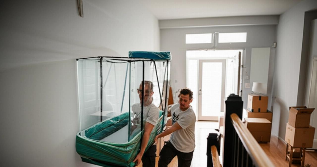 Two Caucasian men carefully carry a large empty aquarium wrapped in blankets and straps, descending a staircase during a move.