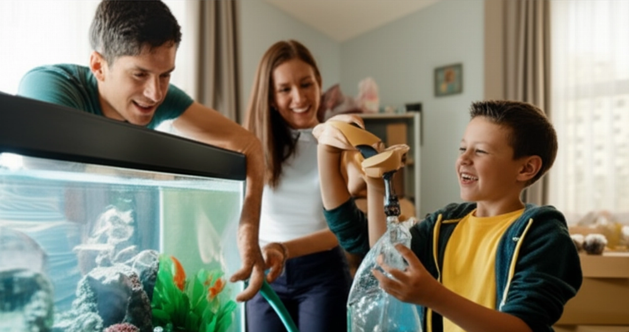 A Caucasian family happily reassembles a large aquarium in their new living room, with the father decorating, the mother filling water, and the child observing the fish.