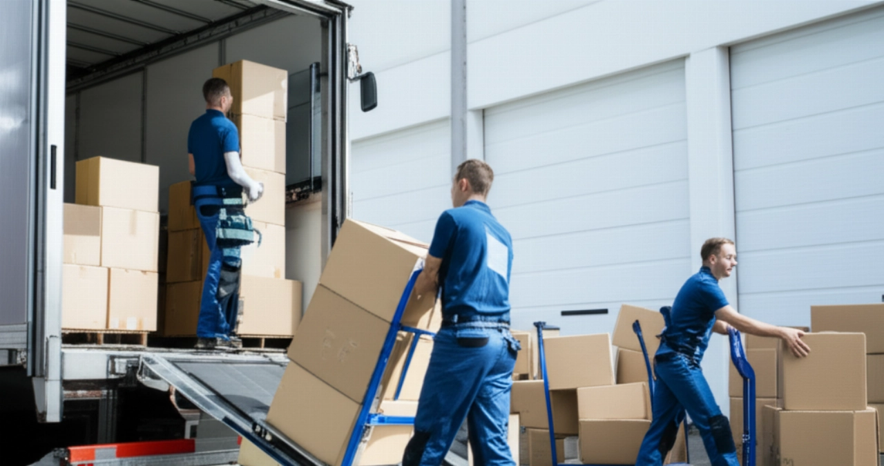 Professional Caucasian movers efficiently load labeled archive boxes onto a specialized moving truck.