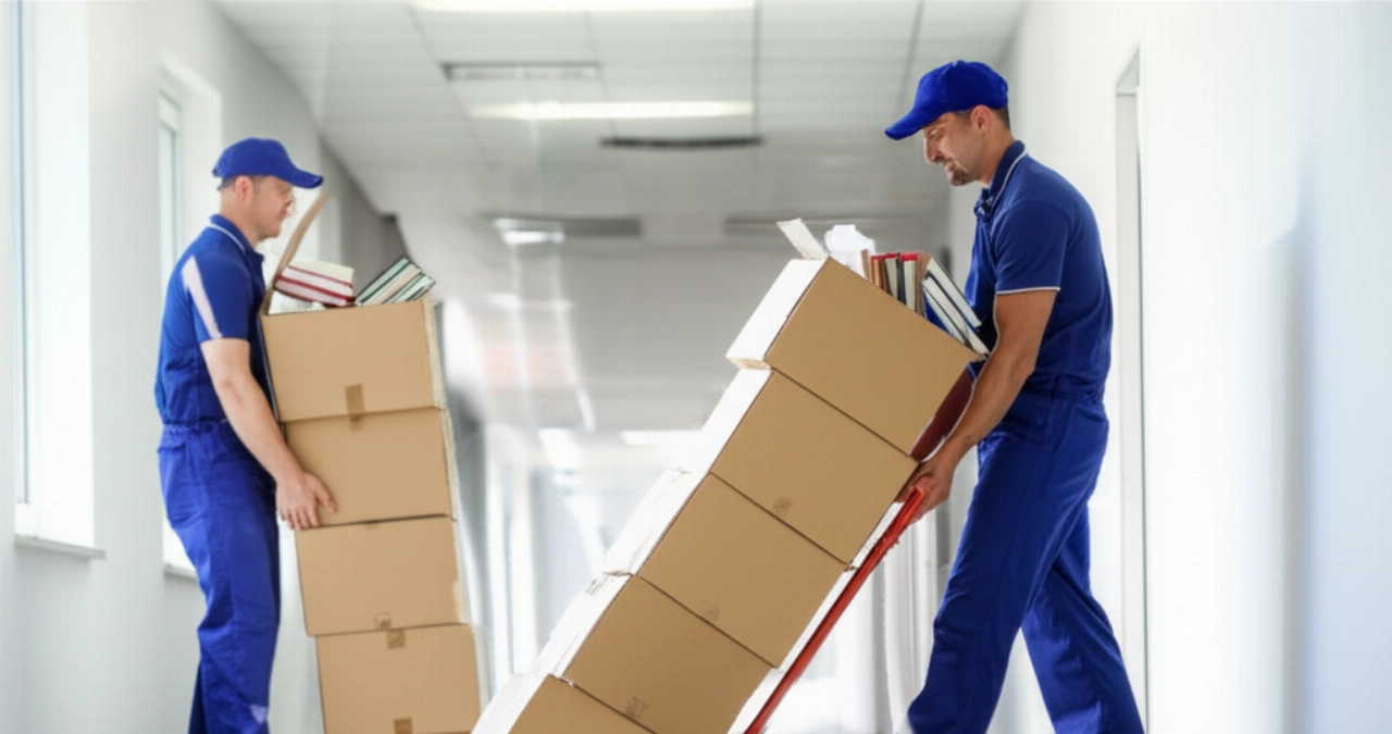 Labeled boxes of books are carefully transported by professional movers.