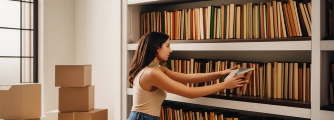 A woman meticulously arranges books on new shelves in a modern private library.