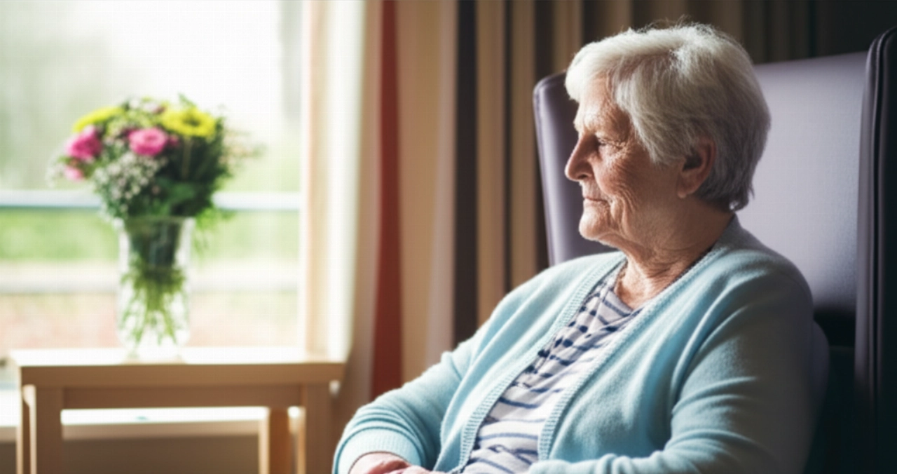 A serene elderly Caucasian woman sits in a bright room of a modern nursing home, looking out a large window with a gentle smile.