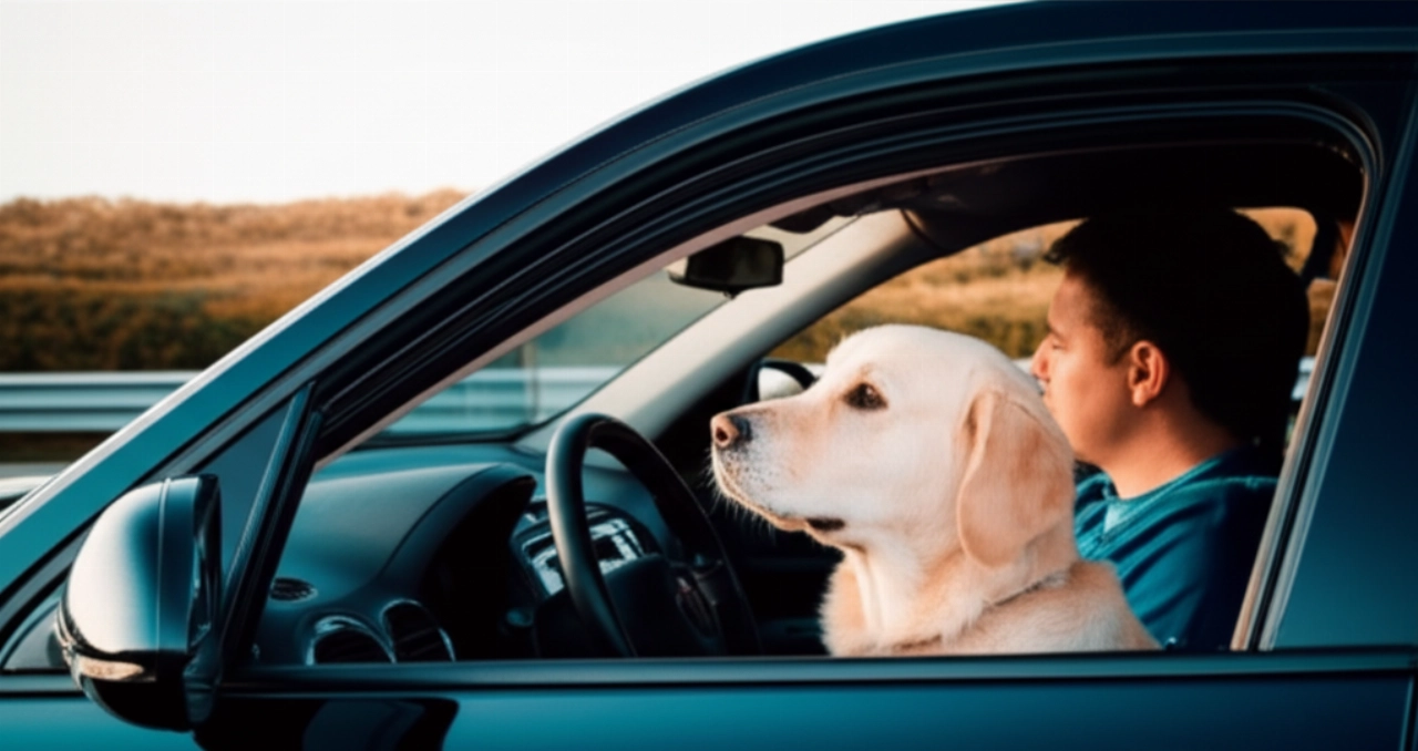 Cane golden retriever o gatto nel trasportino che guarda fuori dal finestrino di un'auto durante un trasloco, con il proprietario che lo rassicura.