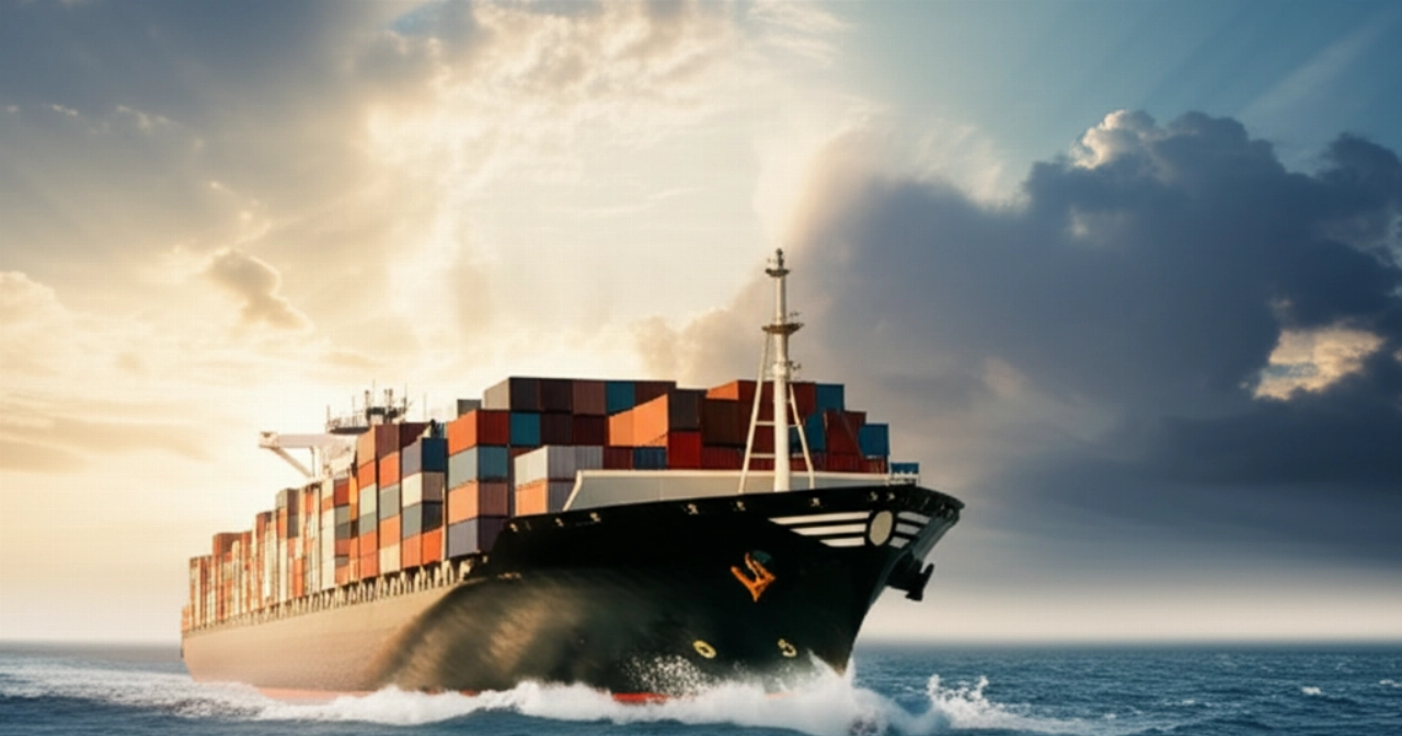Hyperrealistic scene of a gigantic container ship sailing across a vast ocean at sunset, with thousands of containers on board, symbolizing global maritime transport.