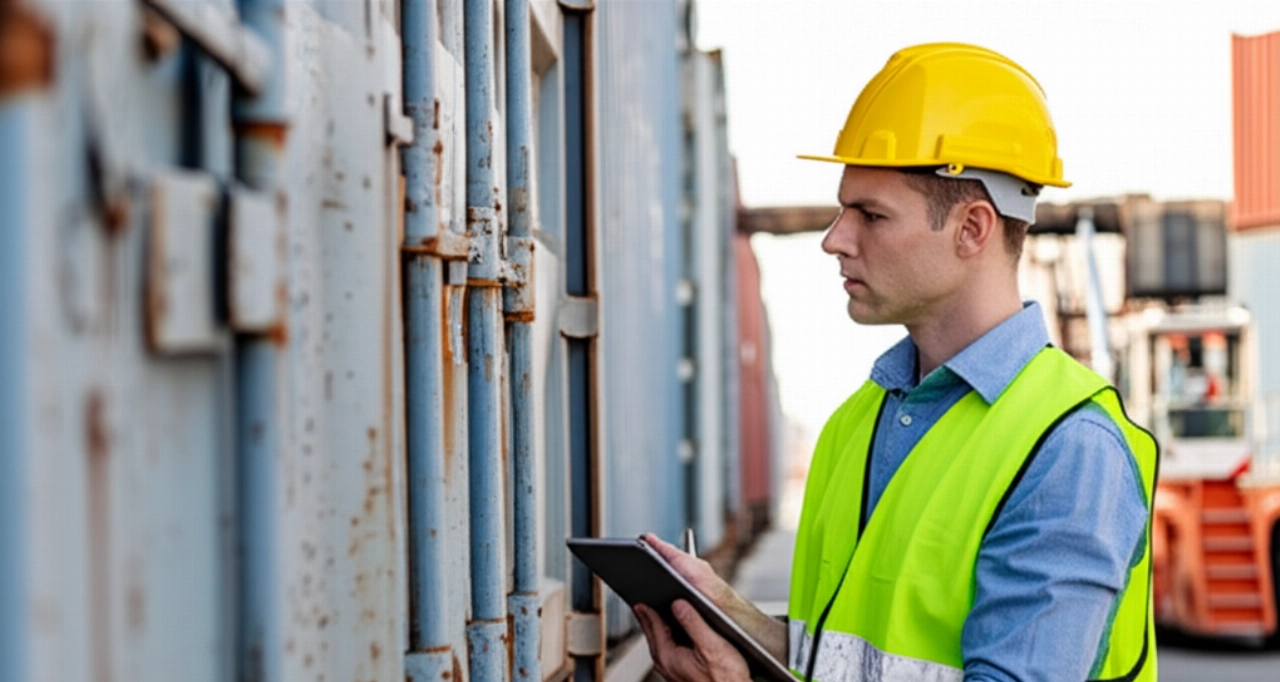 Hyperrealistic image of a Caucasian logistics expert inspecting a container on a dock, highlighting the care and precision in sea freight.