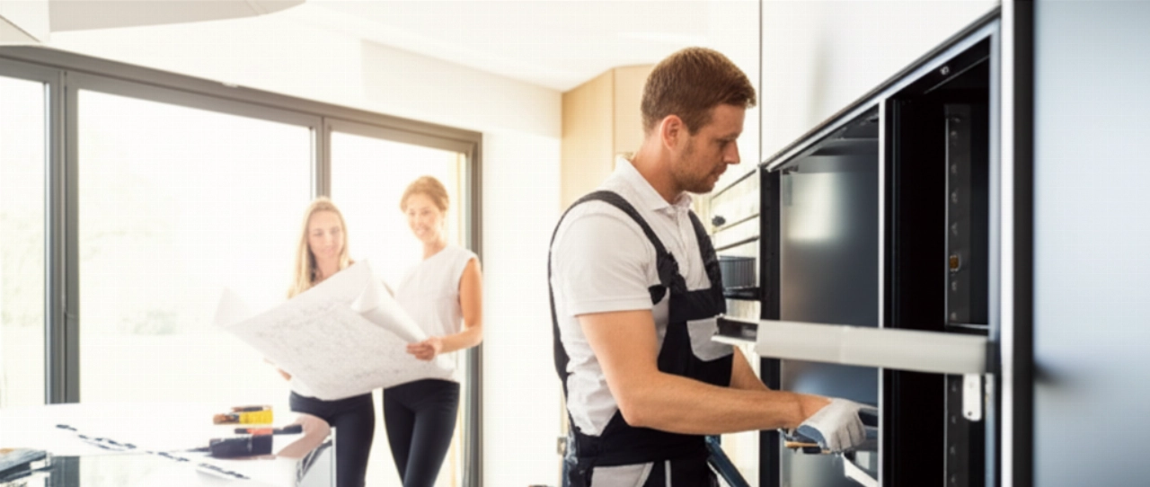 Nuova cucina spaziosa in fase finale di rimontaggio, con un uomo e una donna caucasici che lavorano e osservano.