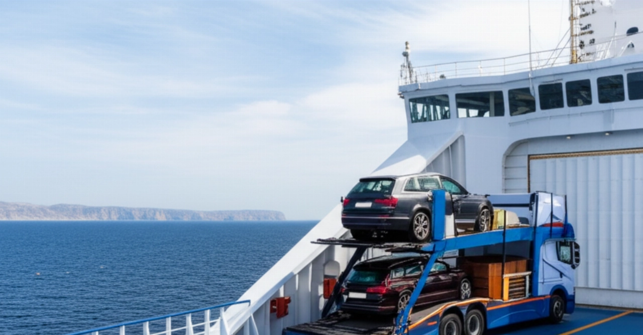 Un grande camion da trasloco e un'auto su un traghetto che attraversa il Mediterraneo, con la costa sarda all'orizzonte, rappresentando il trasporto.