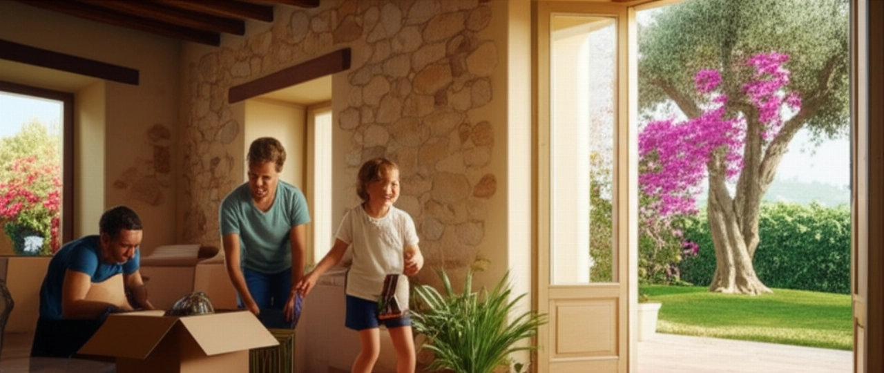 Famiglia caucasica che disimballa felice scatoloni in una nuova casa in Sardegna, con elementi architettonici tradizionali e giardino mediterraneo.