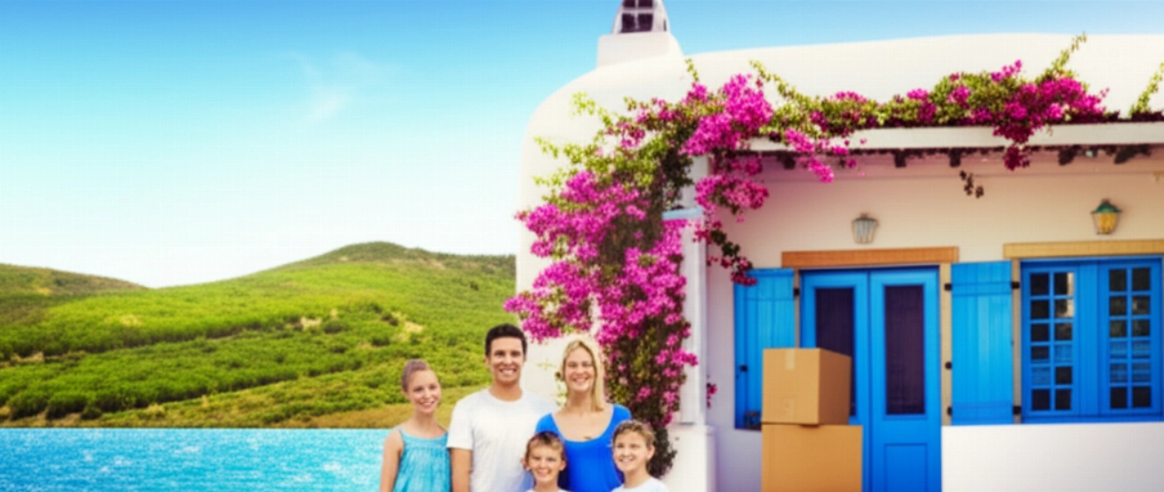 Una familia caucásica sonriente frente a su nueva casa en la isla, con cajas de mudanza y el mar de fondo, simbolizando la llegada a una nueva vida insular.